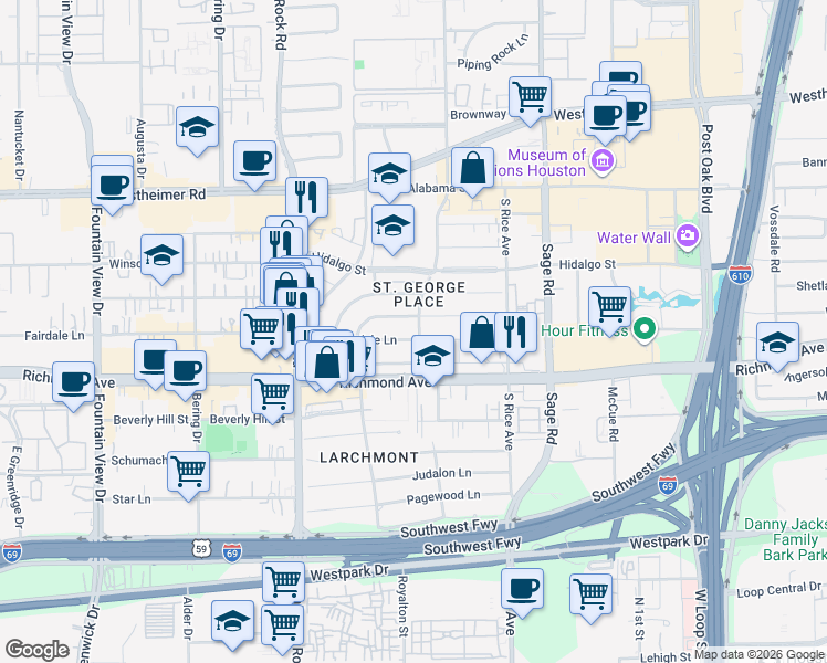 map of restaurants, bars, coffee shops, grocery stores, and more near 5402 Fairdale Lane in Houston