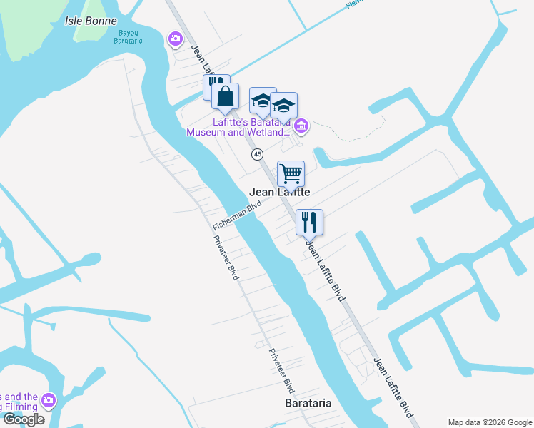 map of restaurants, bars, coffee shops, grocery stores, and more near 5146 Hatty Street in Jean Lafitte