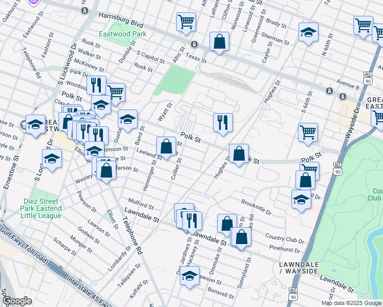 map of restaurants, bars, coffee shops, grocery stores, and more near 5327 Bell Street in Houston