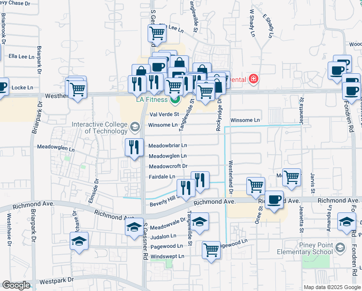 map of restaurants, bars, coffee shops, grocery stores, and more near Tanglewilde Street in Houston