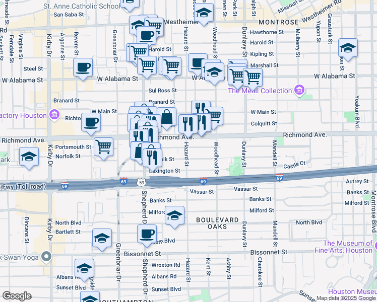 map of restaurants, bars, coffee shops, grocery stores, and more near 1906 Norfolk Street in Houston