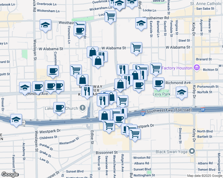 map of restaurants, bars, coffee shops, grocery stores, and more near 3411 Richmond Avenue in Houston