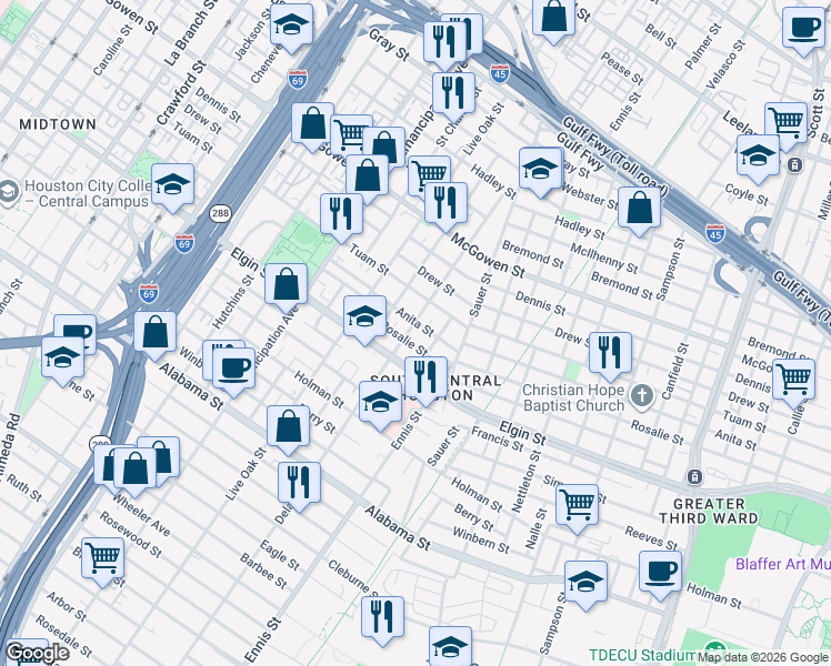 map of restaurants, bars, coffee shops, grocery stores, and more near 3011 Delano Street in Houston
