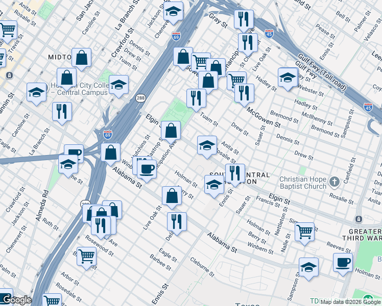 map of restaurants, bars, coffee shops, grocery stores, and more near 3216 Live Oak Street in Houston