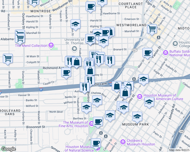 map of restaurants, bars, coffee shops, grocery stores, and more near 4411 Roseland Street in Houston