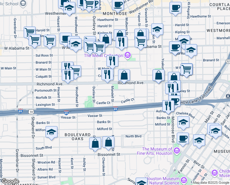 map of restaurants, bars, coffee shops, grocery stores, and more near 4411 Castle Court Place in Houston