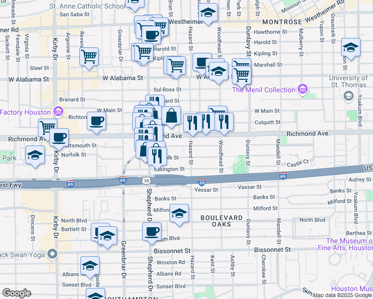 map of restaurants, bars, coffee shops, grocery stores, and more near 1906 Norfolk Street in Houston