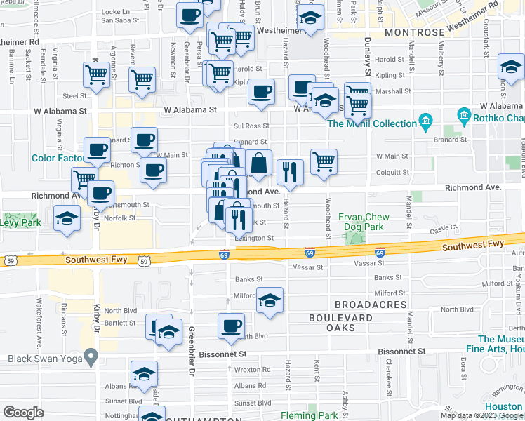 map of restaurants, bars, coffee shops, grocery stores, and more near 1951 Portsmouth Street in Houston