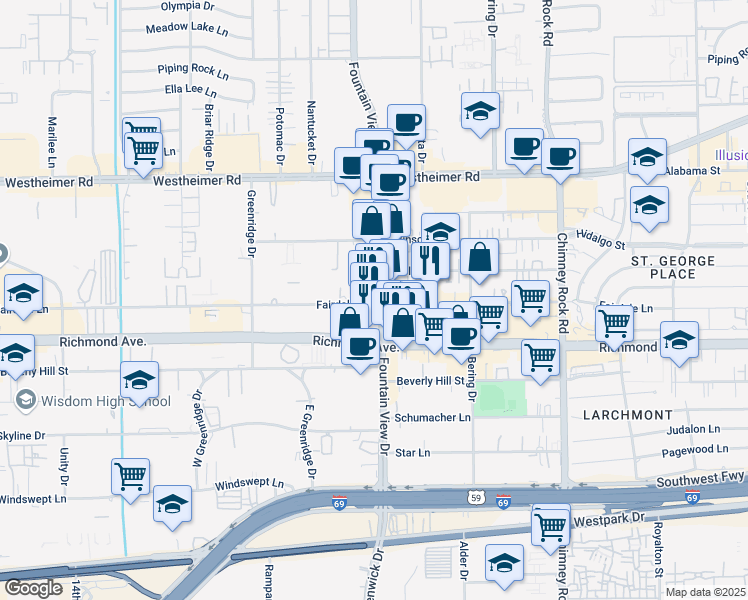 map of restaurants, bars, coffee shops, grocery stores, and more near 5930 Fairdale Lane in Houston