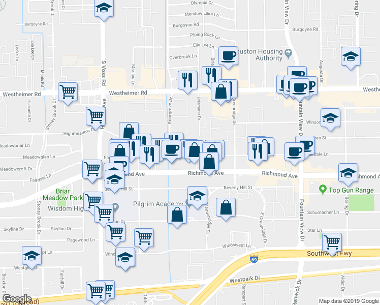 map of restaurants, bars, coffee shops, grocery stores, and more near 3023 West Park at Fairdale in Houston