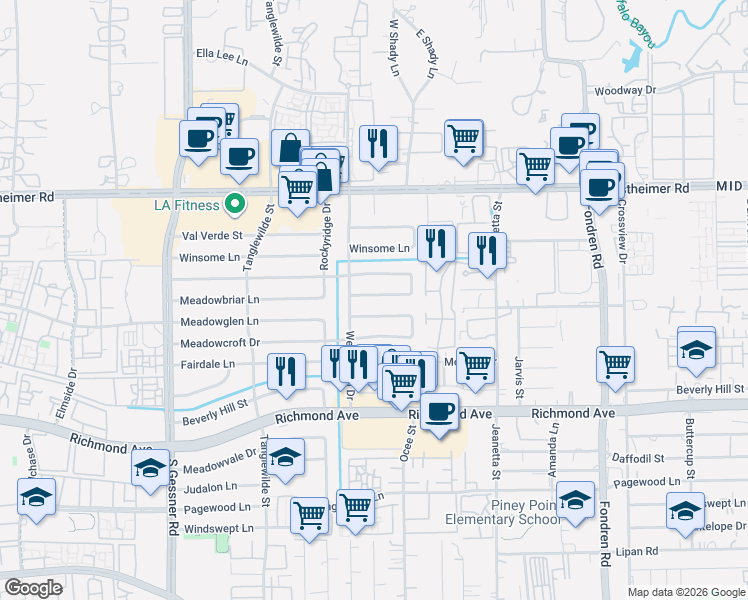 map of restaurants, bars, coffee shops, grocery stores, and more near 9407 Meadowbriar Lane in Houston