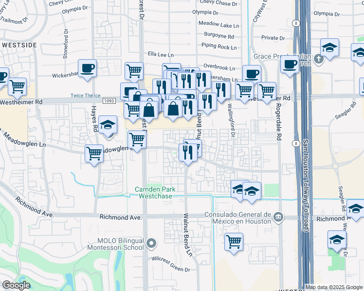 map of restaurants, bars, coffee shops, grocery stores, and more near 10922 Meadowglen Lane in Houston