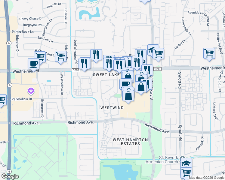 map of restaurants, bars, coffee shops, grocery stores, and more near 13603 Braeswest Drive in Houston