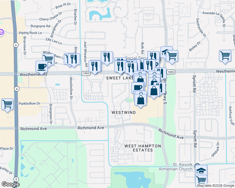map of restaurants, bars, coffee shops, grocery stores, and more near 13603 Braeswest Drive in Houston