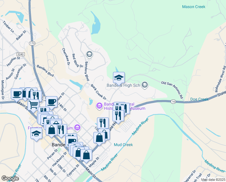 map of restaurants, bars, coffee shops, grocery stores, and more near 451.000000 Old San Antonio Highway in Bandera