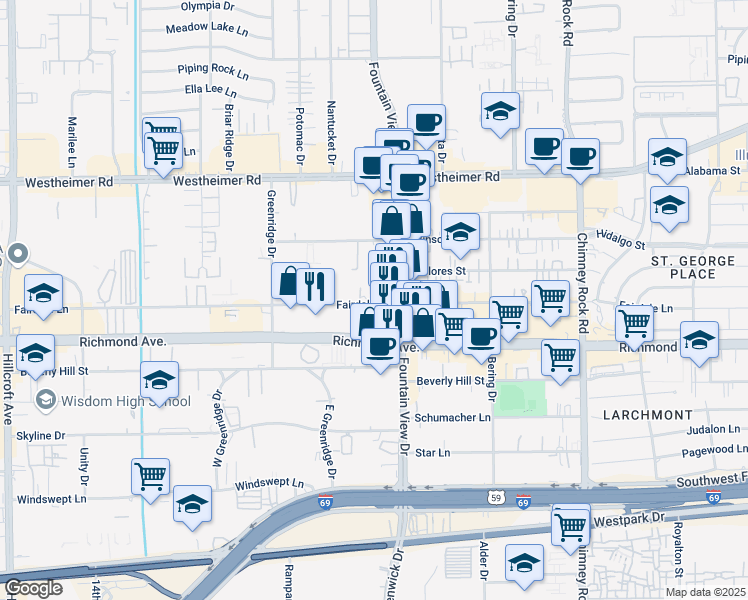 map of restaurants, bars, coffee shops, grocery stores, and more near 3021 Fairdale Estates Court in Houston