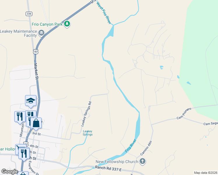 map of restaurants, bars, coffee shops, grocery stores, and more near 58 Weston Road in Leakey