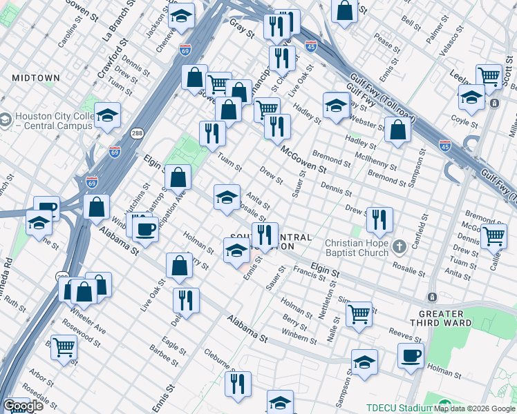 map of restaurants, bars, coffee shops, grocery stores, and more near 3011 Delano Street in Houston