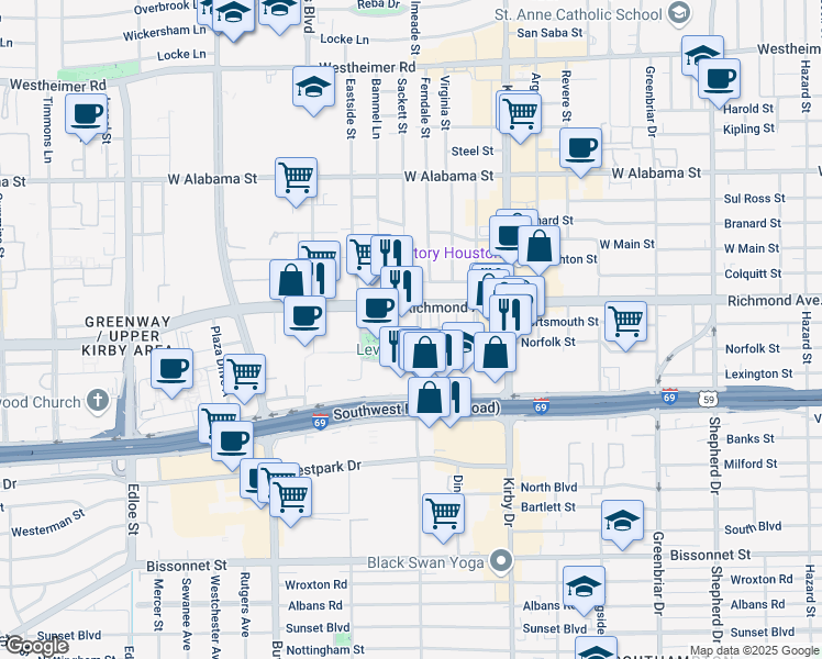 map of restaurants, bars, coffee shops, grocery stores, and more near 3630 Wakeforest Avenue in Houston
