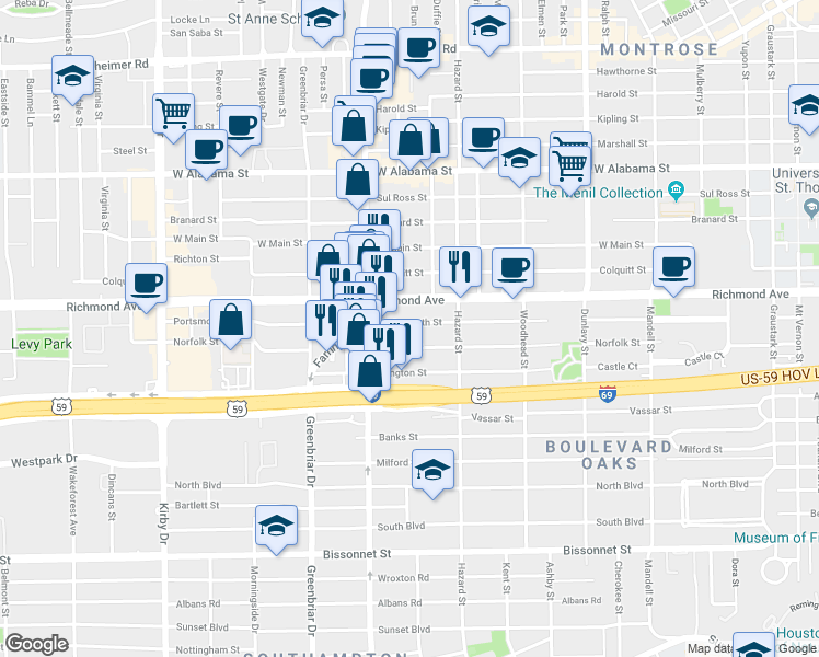map of restaurants, bars, coffee shops, grocery stores, and more near 1947 Portsmouth Street in Houston