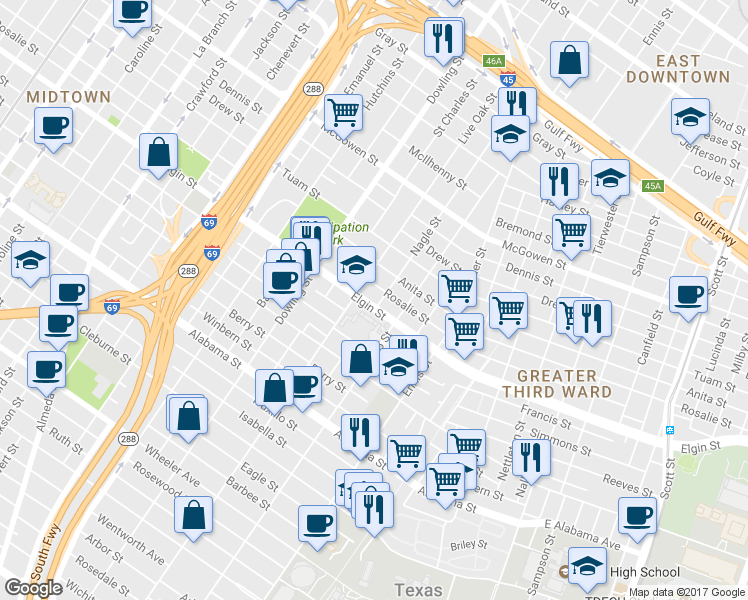 map of restaurants, bars, coffee shops, grocery stores, and more near 2613 Elgin Street in Houston