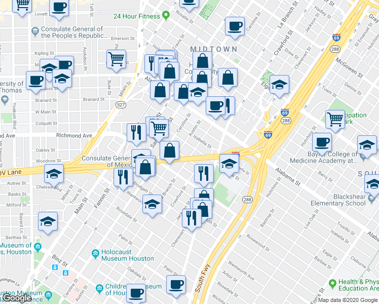 map of restaurants, bars, coffee shops, grocery stores, and more near 4112 La Branch Street in Houston