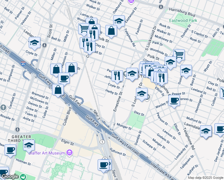 map of restaurants, bars, coffee shops, grocery stores, and more near 31 Harby Street in Houston