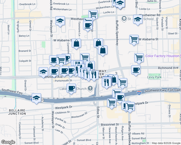 map of restaurants, bars, coffee shops, grocery stores, and more near 8 Greenway Plaza in Houston