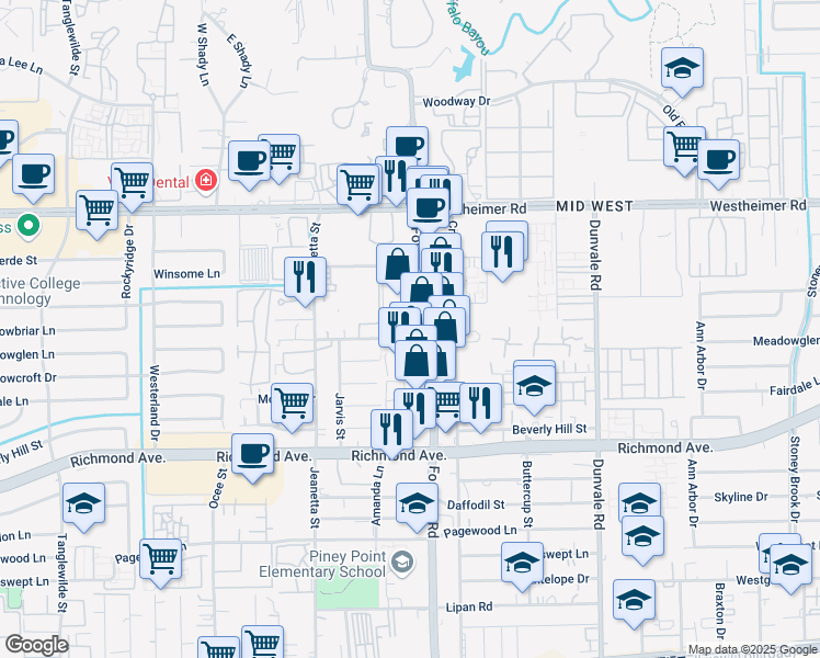 map of restaurants, bars, coffee shops, grocery stores, and more near 8926 Clarkcrest St in Houston