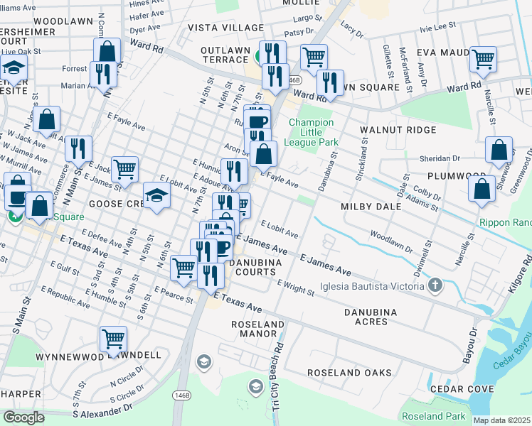 map of restaurants, bars, coffee shops, grocery stores, and more near 1008 East Lobit Avenue in Baytown
