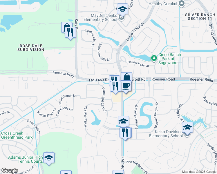 map of restaurants, bars, coffee shops, grocery stores, and more near 3418 Smart Sands Lane in Fulshear