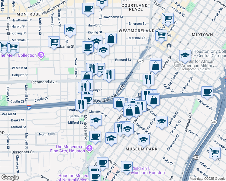 map of restaurants, bars, coffee shops, grocery stores, and more near 607 Oakley Street in Houston