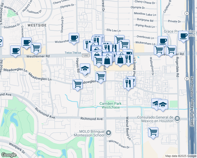 map of restaurants, bars, coffee shops, grocery stores, and more near 11110 Meadowglen Ln in Houston