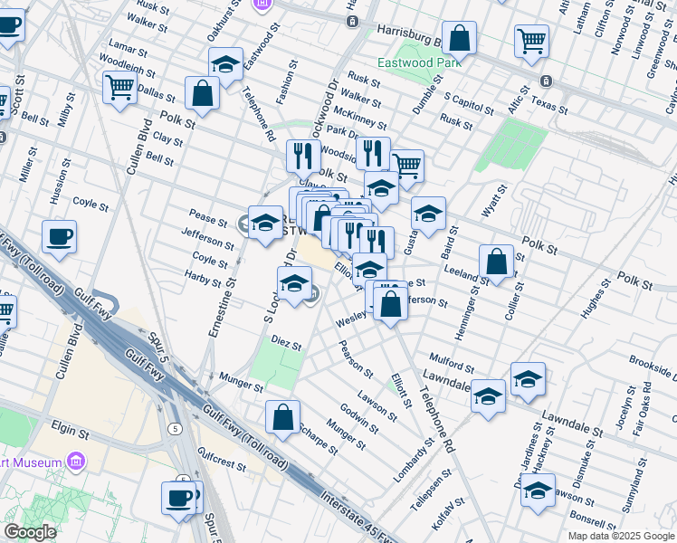 map of restaurants, bars, coffee shops, grocery stores, and more near 1617 Marlin Street in Houston