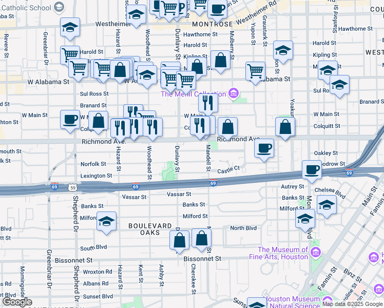 map of restaurants, bars, coffee shops, grocery stores, and more near 1648 Norfolk Street in Houston