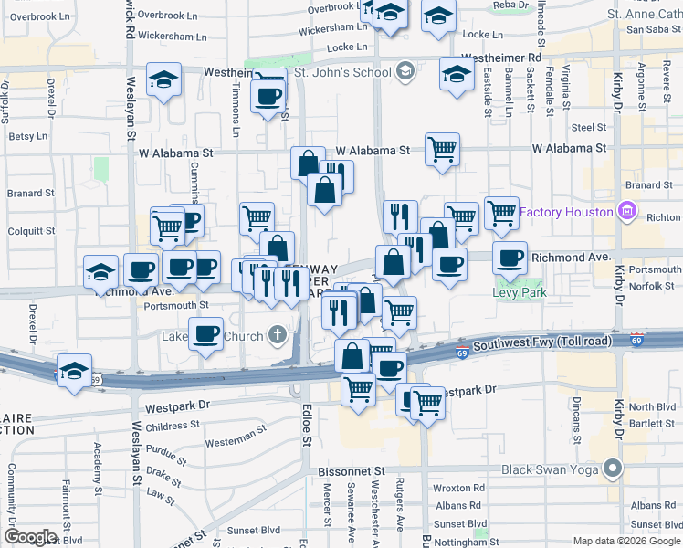 map of restaurants, bars, coffee shops, grocery stores, and more near 2 Greenway Plaza in Houston