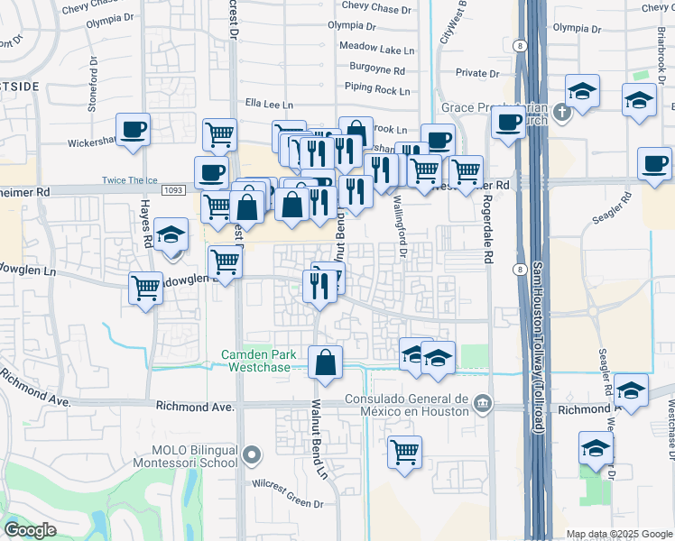 map of restaurants, bars, coffee shops, grocery stores, and more near 24 Walnut Bend Lane in Houston