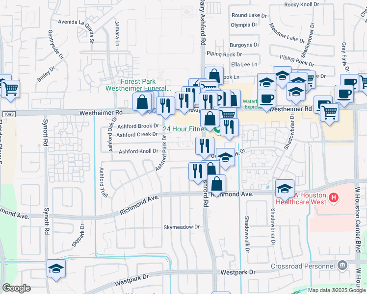map of restaurants, bars, coffee shops, grocery stores, and more near 12523 Ashford Meadow Drive in Houston