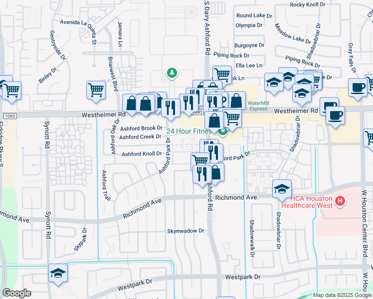 map of restaurants, bars, coffee shops, grocery stores, and more near 12523 Ashford Meadow Drive in Houston