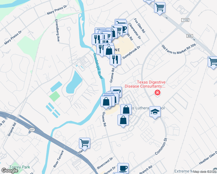 map of restaurants, bars, coffee shops, grocery stores, and more near 1603 Gruene Cove in New Braunfels
