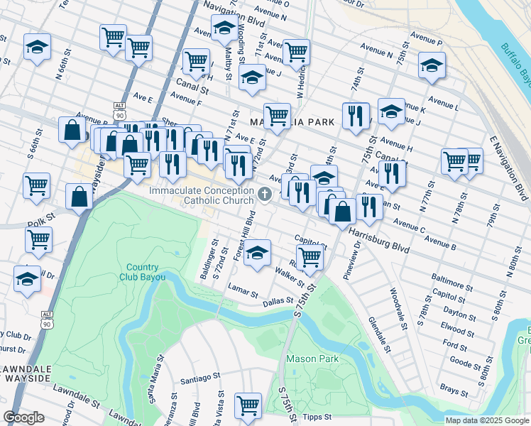 map of restaurants, bars, coffee shops, grocery stores, and more near 7250 Harrisburg Boulevard in Houston