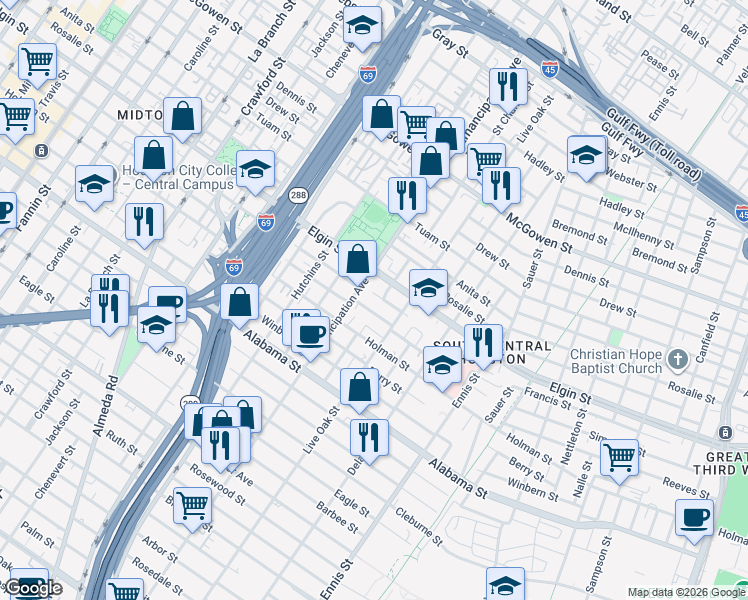 map of restaurants, bars, coffee shops, grocery stores, and more near 2406 Francis Street in Houston