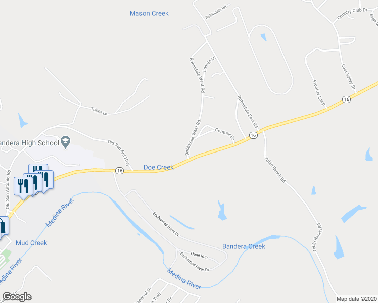 map of restaurants, bars, coffee shops, grocery stores, and more near 148 Robindale West Road in Bandera