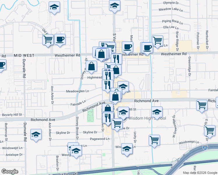 map of restaurants, bars, coffee shops, grocery stores, and more near 2926 Hillcroft Street in Houston