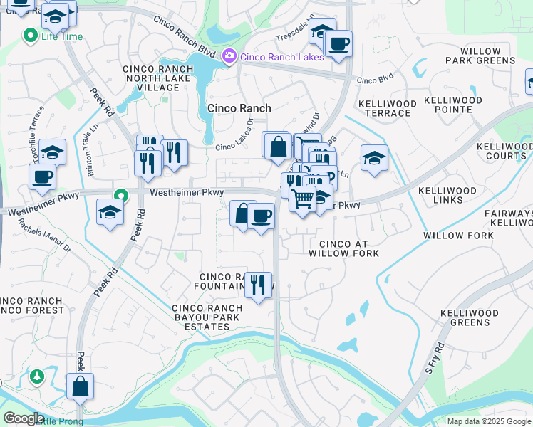 map of restaurants, bars, coffee shops, grocery stores, and more near 3700 Mason Road in Katy