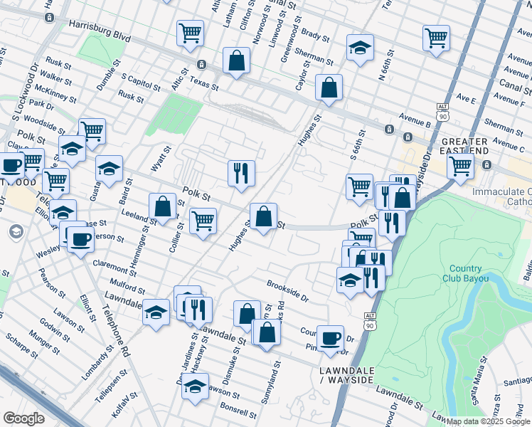 map of restaurants, bars, coffee shops, grocery stores, and more near in Houston