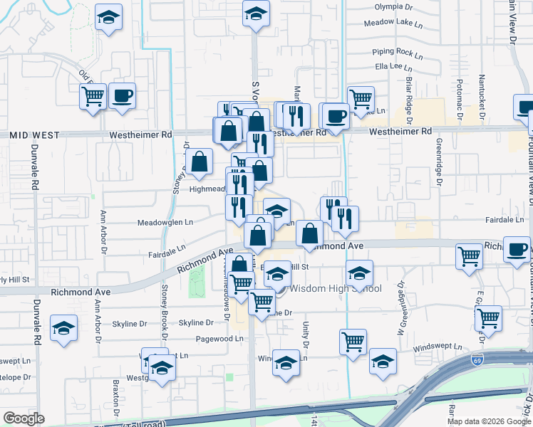 map of restaurants, bars, coffee shops, grocery stores, and more near 3001 Hillcroft Street in Houston