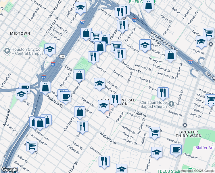 map of restaurants, bars, coffee shops, grocery stores, and more near 3011 Delano Street in Houston