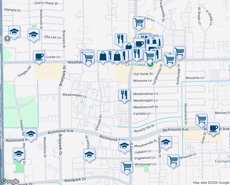 map of restaurants, bars, coffee shops, grocery stores, and more near 2900 South Gessner Road in Houston