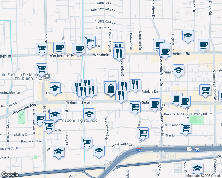 map of restaurants, bars, coffee shops, grocery stores, and more near 6220 Fairdale Lane in Houston